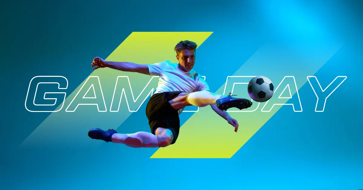 A man energetically kicks a soccer ball, accompanied by the text "Game Day" in a vibrant design.