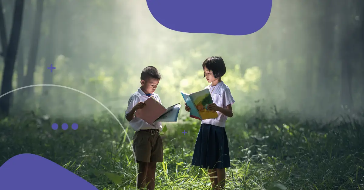 Two children engrossed in reading books while surrounded by the serene beauty of a forest.