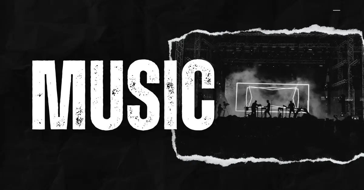 Music logo featuring white text on a black background, creating a striking contrast and modern aesthetic.