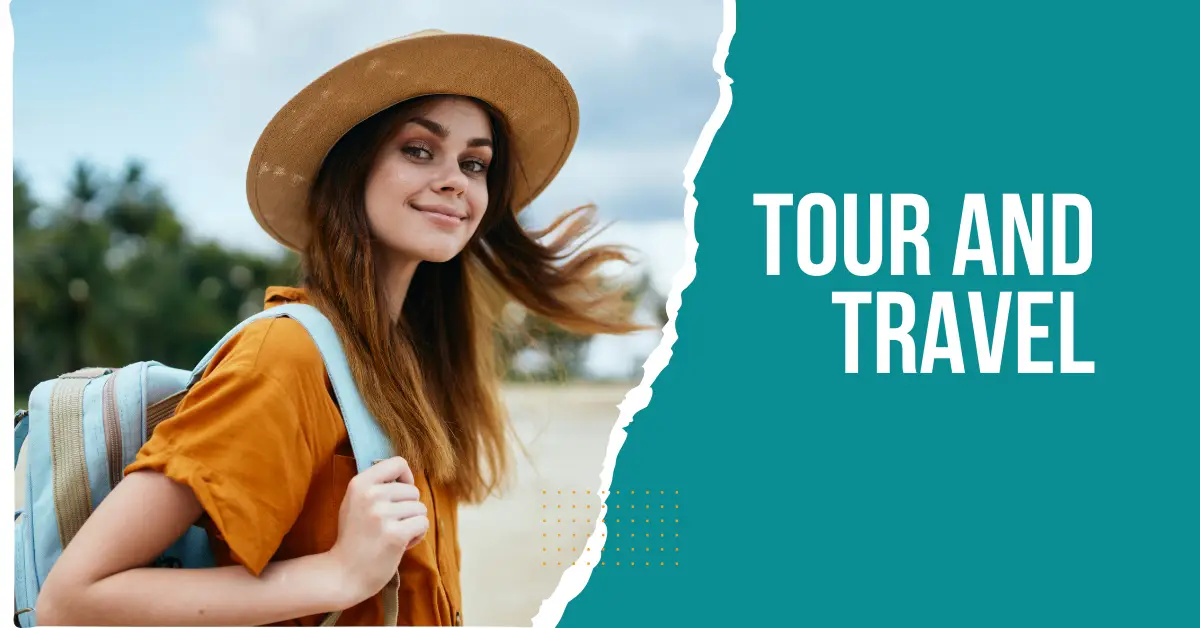 . A woman with a backpack stands confidently, surrounded by the words "tour" and "travel," symbolizing adventure and exploration.