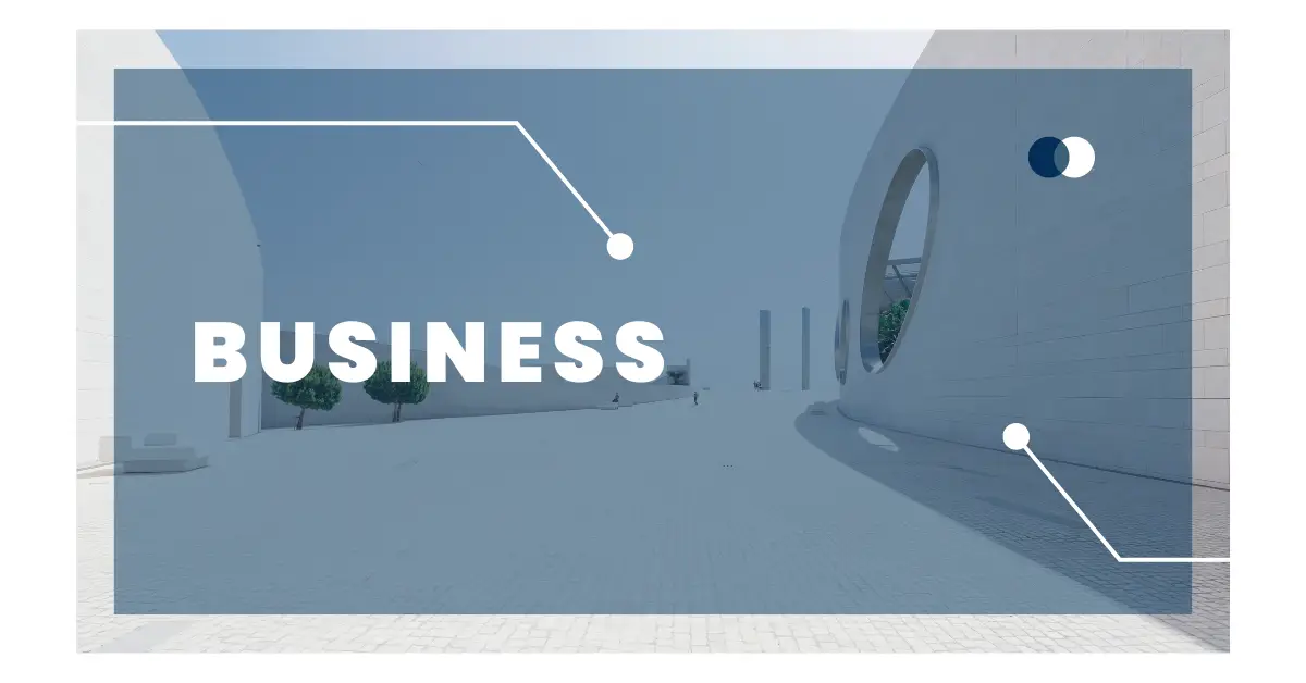 A blue and white graphic featuring the word "business" prominently displayed.