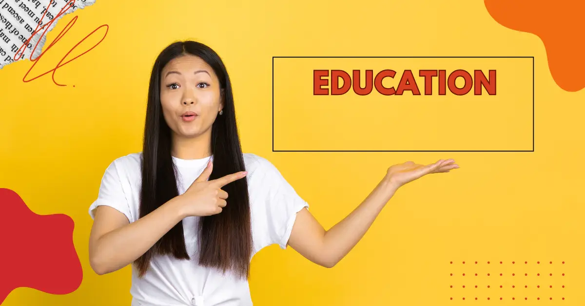 A woman gestures towards the word "education," symbolizing the importance of learning and knowledge acquisition.